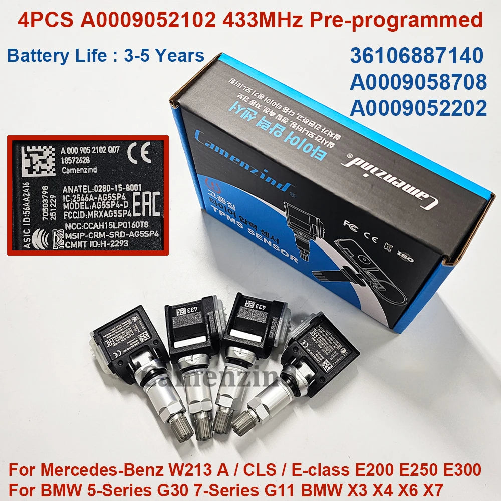 4PCS 433MHz TPMS Sensor 0009052102 A0009052102 36106887140 A0009058708 for Mercedes-Benz W213 E200 E250 E300 BMW G30 G11 X3 X4