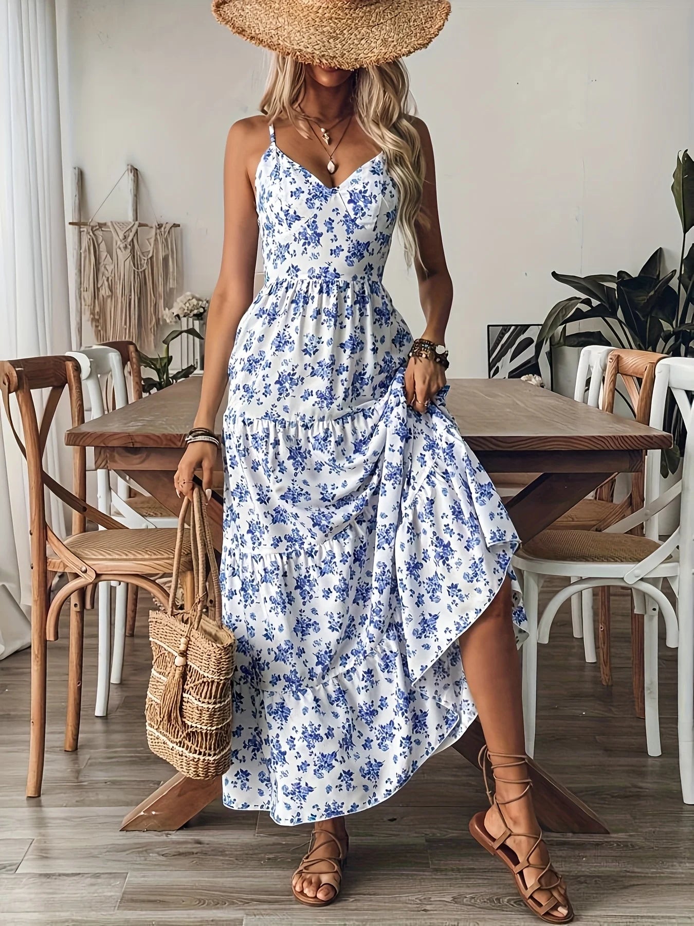 Women's Blue Floral Print Maxi Dress V-Neck Spaghetti Strap Backless Bow Tie Tiered Long Dress 2026 Summer Casual Beach Sundress