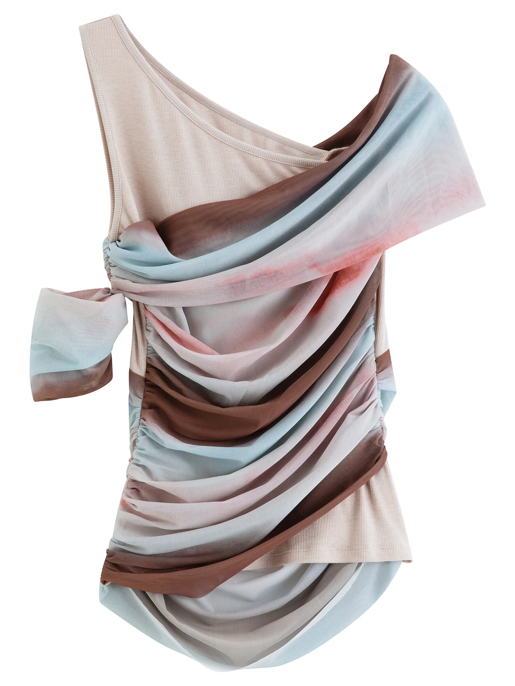 FSLE【Premium Series】Women's Asymmetrical Neck Knit Short-Sleeve T-Shirt Retro Summer 2026 New Gradient Stripe Wasteland Style