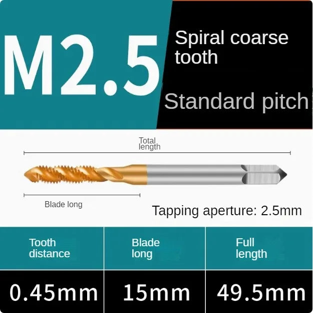 Titanium coated spiral tap extrusion tap tip tap tapping m2m2.5m3m4m5m6m8m10m12m14m16m18m20m22m24