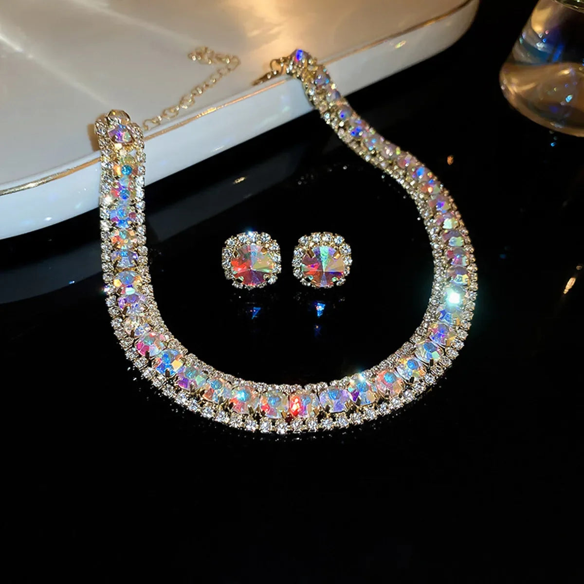Damesketting & oorbellen met strass Trendy sieradenset Modieuze accessoires voor feestjes & dagelijkse kledingdecoratie