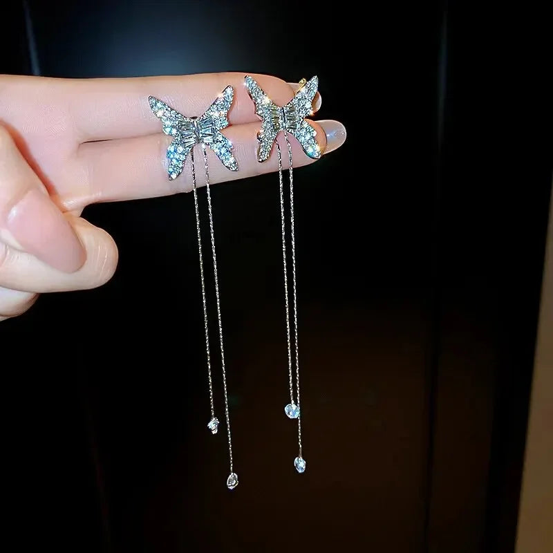 Lange Kwast Strass Kettingen Oorlijn Druppel Oorbellen voor Vrouwen Goudkleurige Delicate Hangoorbellen Hangende Hanger Mode Sieraden