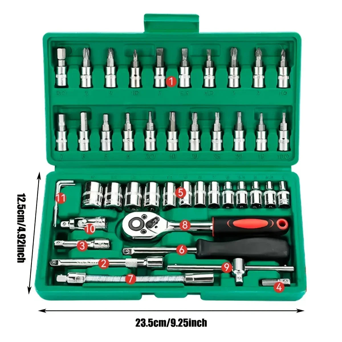 46-delige gereedschapset voor familie 1/4 inch mechanische gereedschapskit voor autoreparatie met metrische en zeskantige dopsleutelset inbussleutel