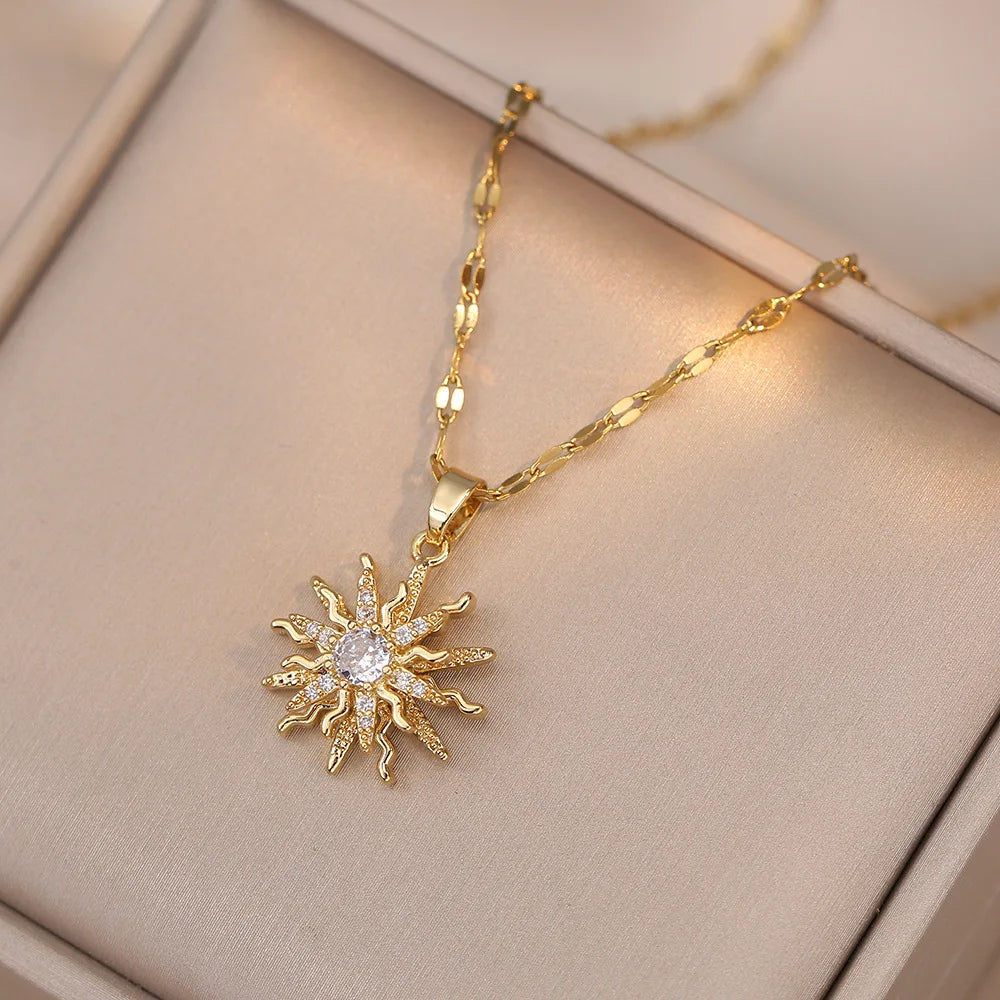 ZAKOL Klassieke Goudkleurige Roestvrijstalen Ketting voor Dames Glanzende Zirkoon Geometrische Hart Hanger Kettingen Sieraden Cadeau