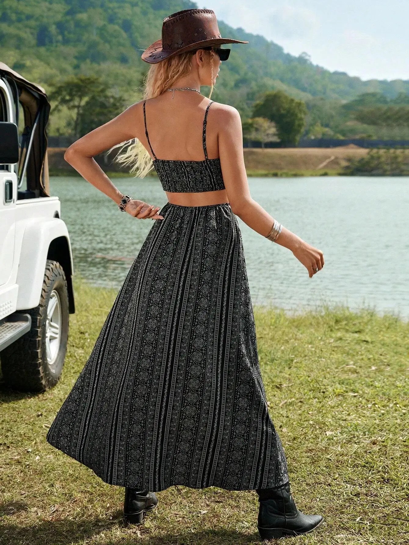 Diepe V-hals Strapless Jurk met Hoge Split, Maxi Jurk met Bloemenprint voor Strand of Feest, Zomerkleding voor Dames