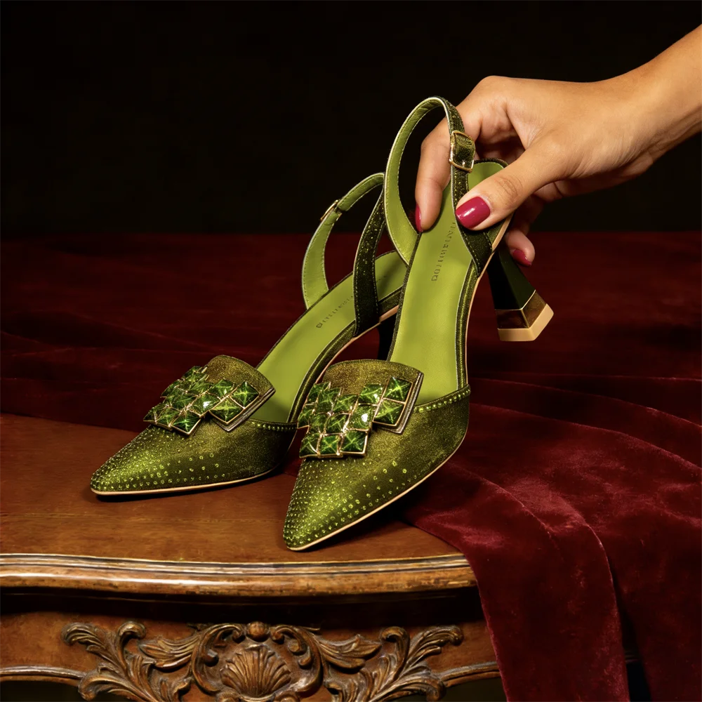 Venus Chan 2026 Eleganti Décolleté Slingback Verdi con Strass – Design Italiano, Punta Affusolata, Scarpe da Sposa e da Sera