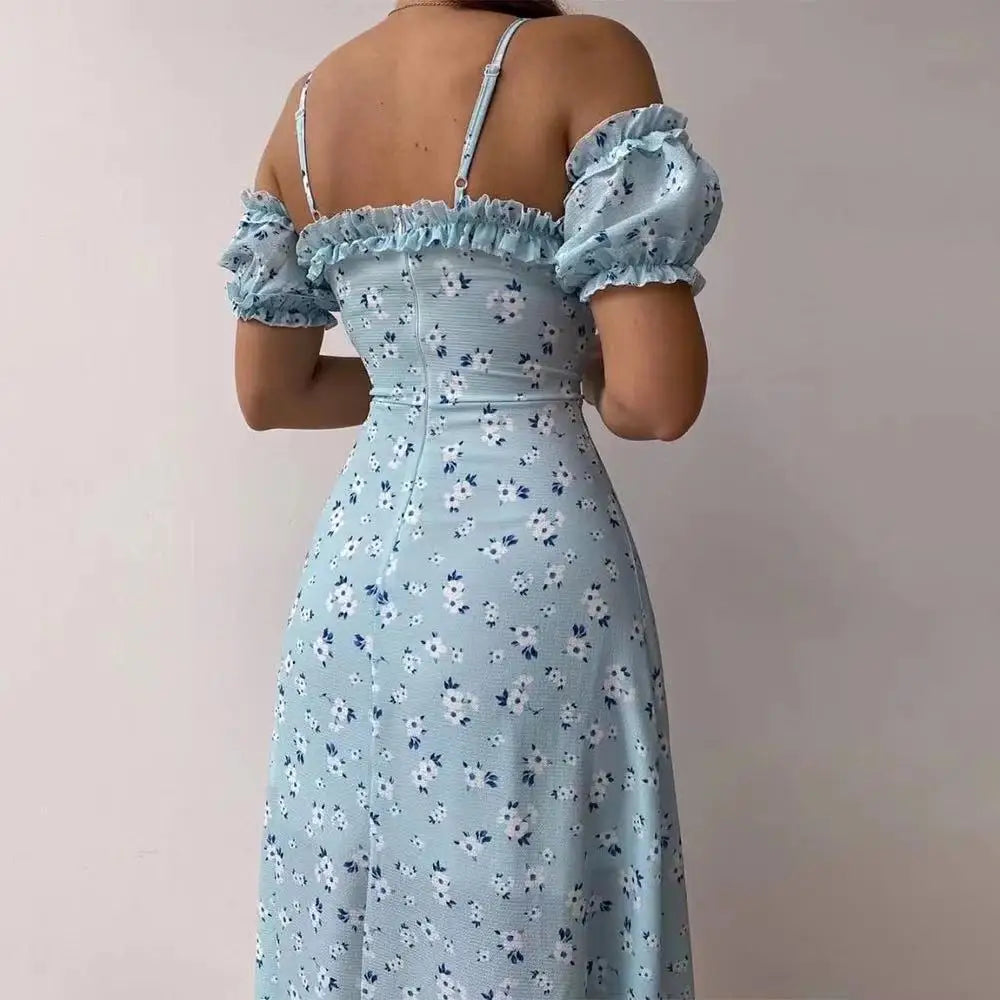Ruches Bloemen Feest Sexy Jurk Dames Zomer Elegante Strappy Off Shoulder Jurken Vrouwelijke V-hals Slim Maxi Bedrukte Jurk Robe 21764