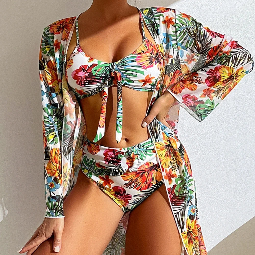 Costume da bagno bikini sexy a vita alta a 3 pezzi con stampa floreale taglia 3XL-S da donna con camicetta a maniche lunghe in rete Super Saldi