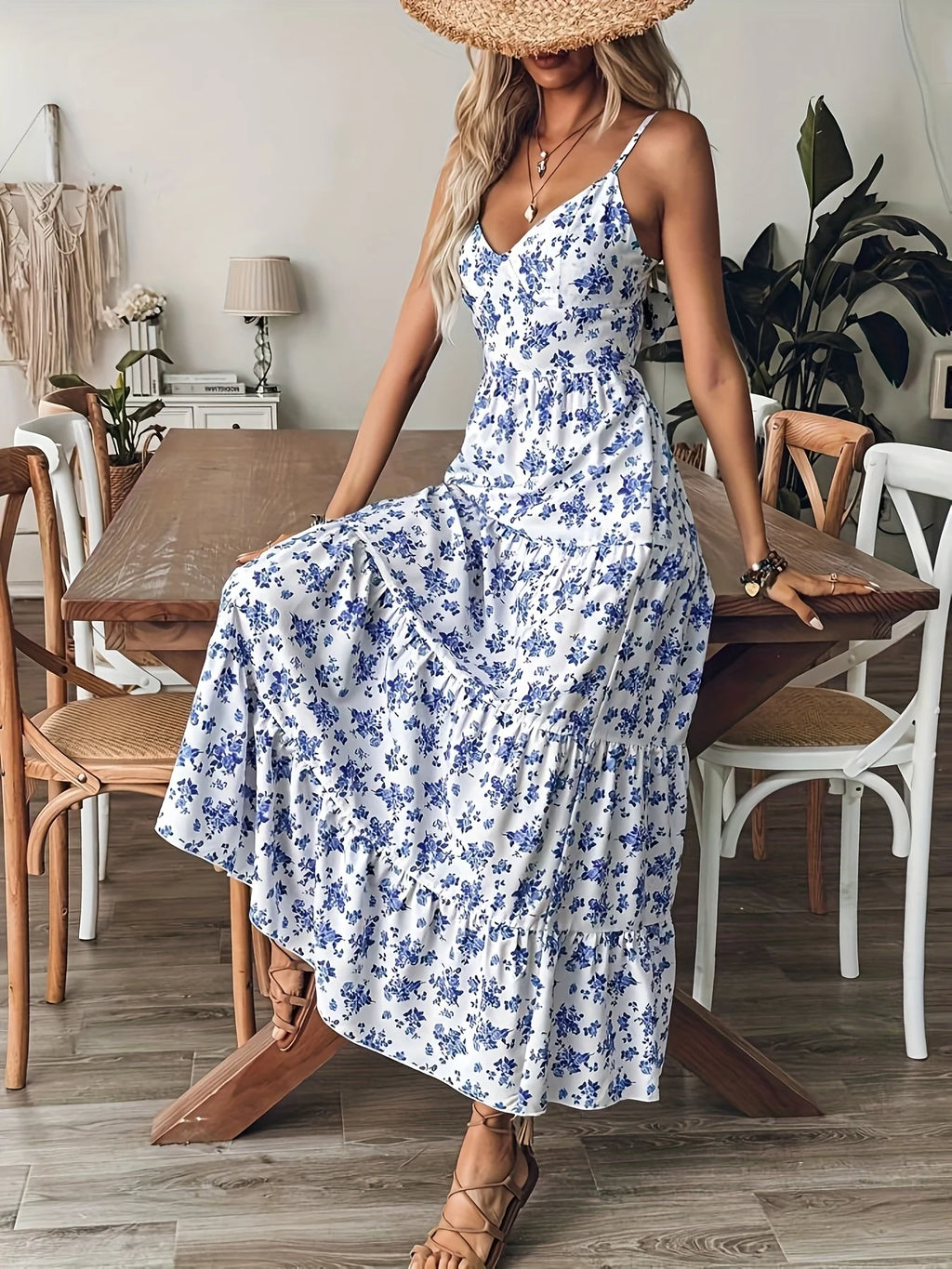 Dames Blauwe Gebloemde Maxi-jurk V-hals Spaghettibandjes Rugloze Strik Gelaagde Lange Jurk 2026 Zomer Casual Strandjurk