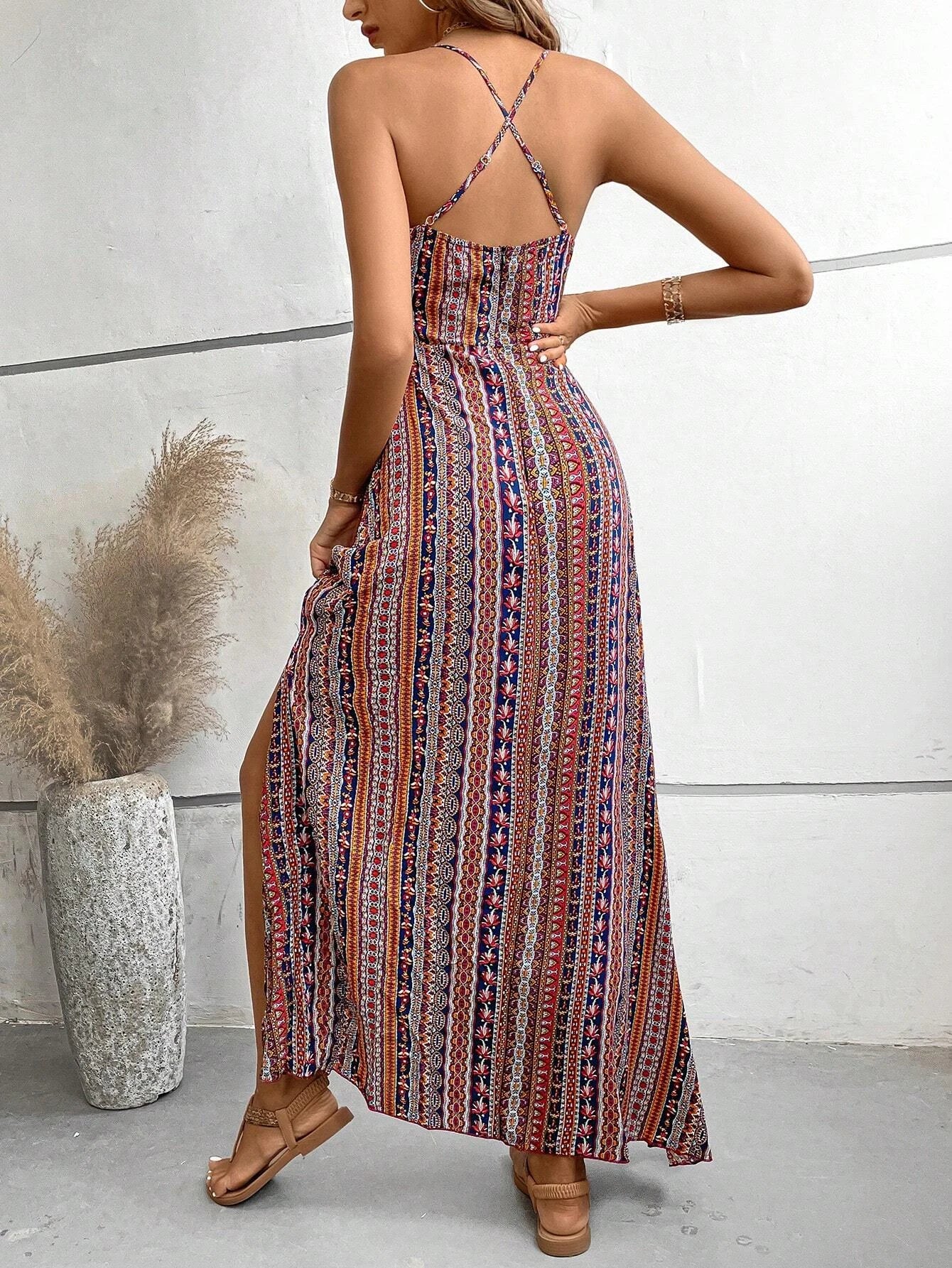 Dames Zomer Jurk met Etnisch Patroon, Open Rug en Split - Dames Zomerkleding Boho Mode Ruches Lange Jurk voor Strand