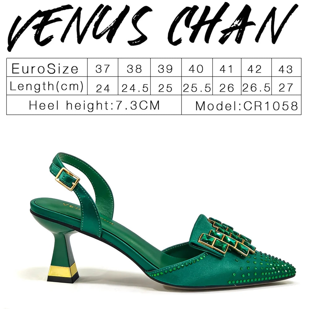 Venus Chan 2026 Eleganti Décolleté Slingback Verdi con Strass – Design Italiano, Punta Affusolata, Scarpe da Sposa e da Sera