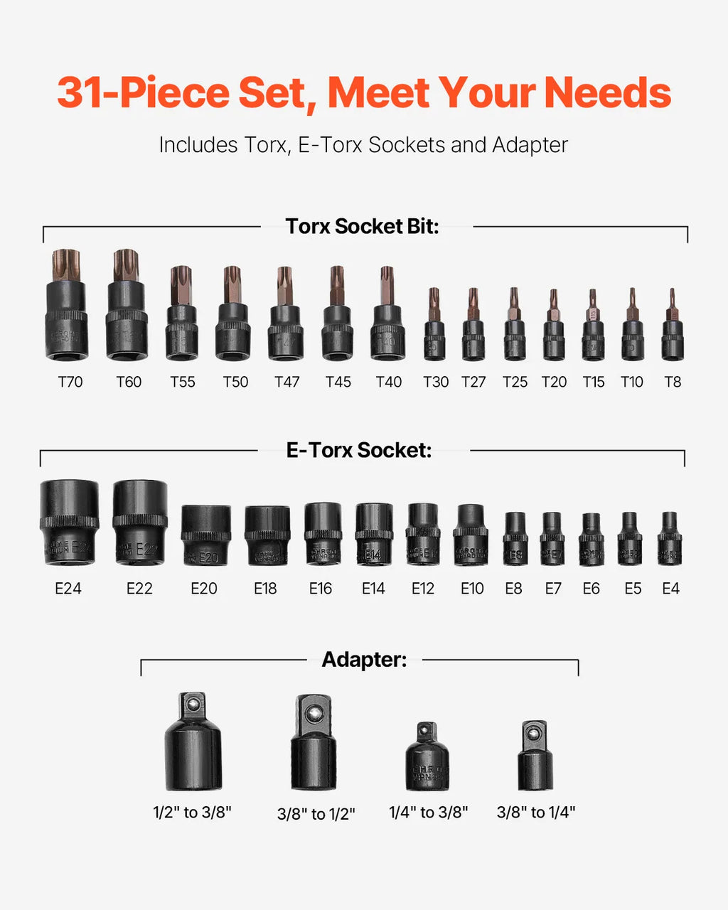 SucceBuy Torx Bit en Externe Torx Dopsleutel Set 31-delig Gelegeerd Staal en Cr-V Staal met Adapter en Verbeterde Opbergkoffer