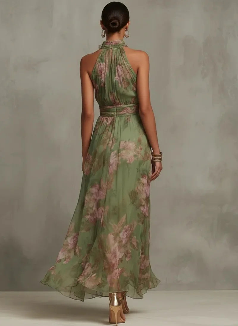 Elegante abito lungo da sera con spacco irregolare in rete arricciata stampata, canotta sexy, senza maniche, con scollo all'americana e chiffon svolazzante