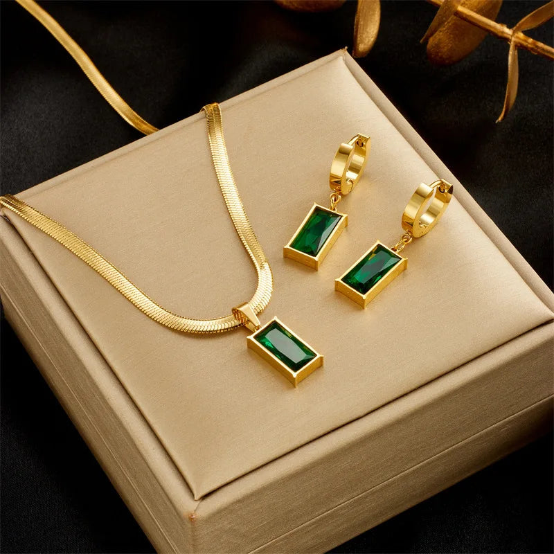 IFYOUOO Set di Collana e Orecchini in Acciaio Inossidabile con Cristallo Verde Quadrato e Zircone per Donne e Ragazze, Nuova Moda Gioielli Inossidabili