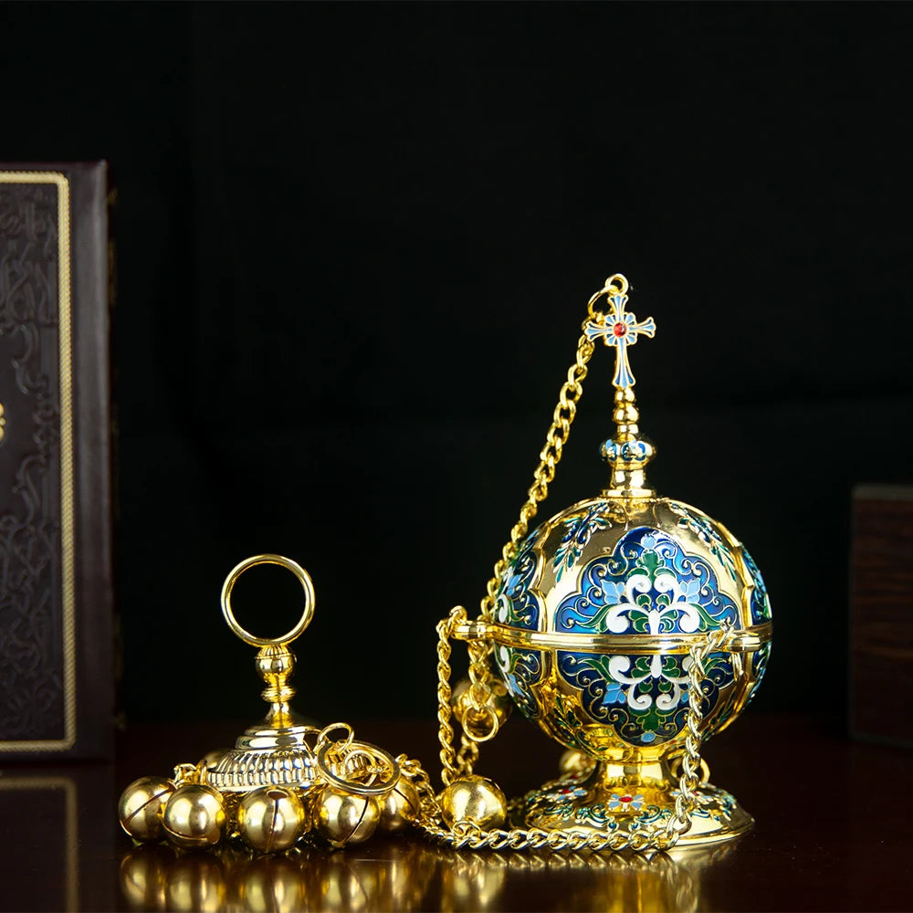 Gold Plated Orthodox Church Censer with Red Pink Blue Enamel Floral Patterns for Christian Liturgy Incense Burning Religious Cer