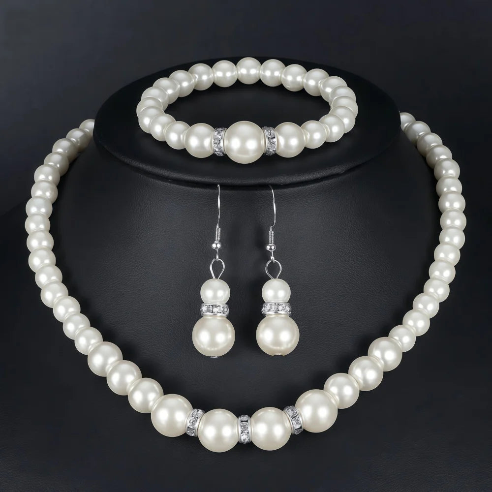 Set di gioielli da 3 pezzi con collana, bracciale e orecchini a perno con finta perla, Fireball, colore argento, con pietra di cristallo, elegante idea regalo per la sposa