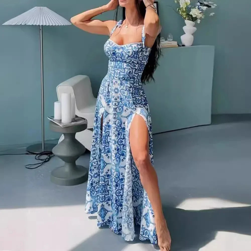 Sexy Printed Strapless Split Slim Fit Dress Cross-Border Hot Sale Independent Station Sleeveless Floor-Length Polyester Fiber