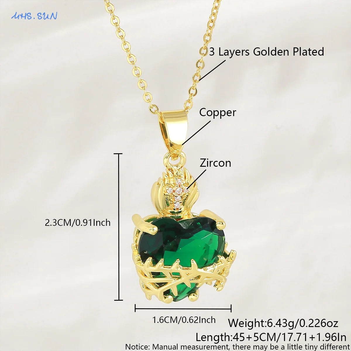 SUNSLL Nuovo zircone cubico placcato oro Smeraldo Sacro Cuore Fiamma Spina Croce Collana Alla moda Versatile Gioielli da donna Regalo