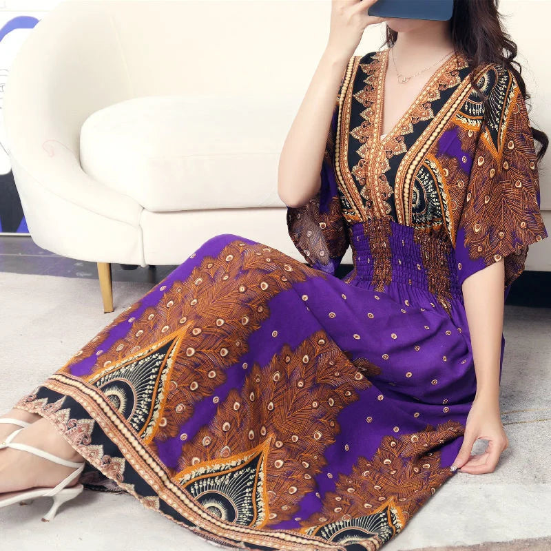 Long Women's Dress Boho Ethnic Bohemian Beach Cotton Blend Artificial Floral Short Sleeve V-neck Vintage Vacation Vestidos Robe