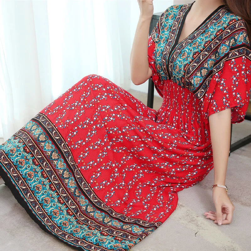 Long Women's Dress Boho Ethnic Bohemian Beach Cotton Blend Artificial Floral Short Sleeve V-neck Vintage Vacation Vestidos Robe