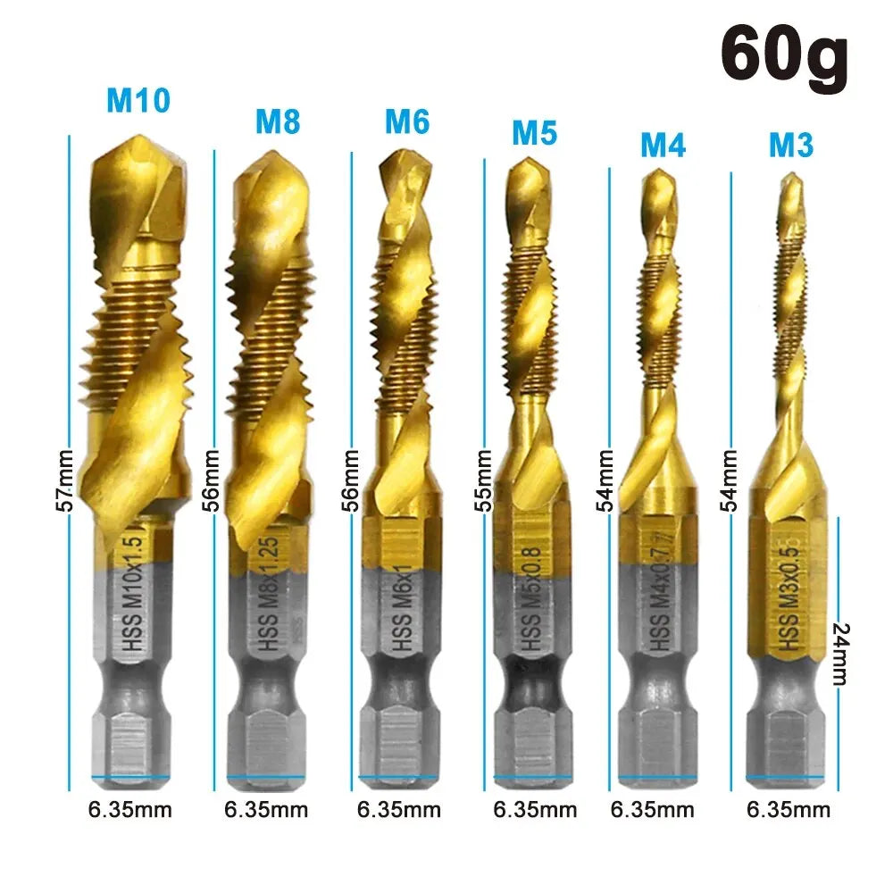 6-delige hogesnelheidsstaal 4341 titanium gecoate samengestelde tapboor en tap geïntegreerde machinetap openings- en afschuiningsgereedschapset