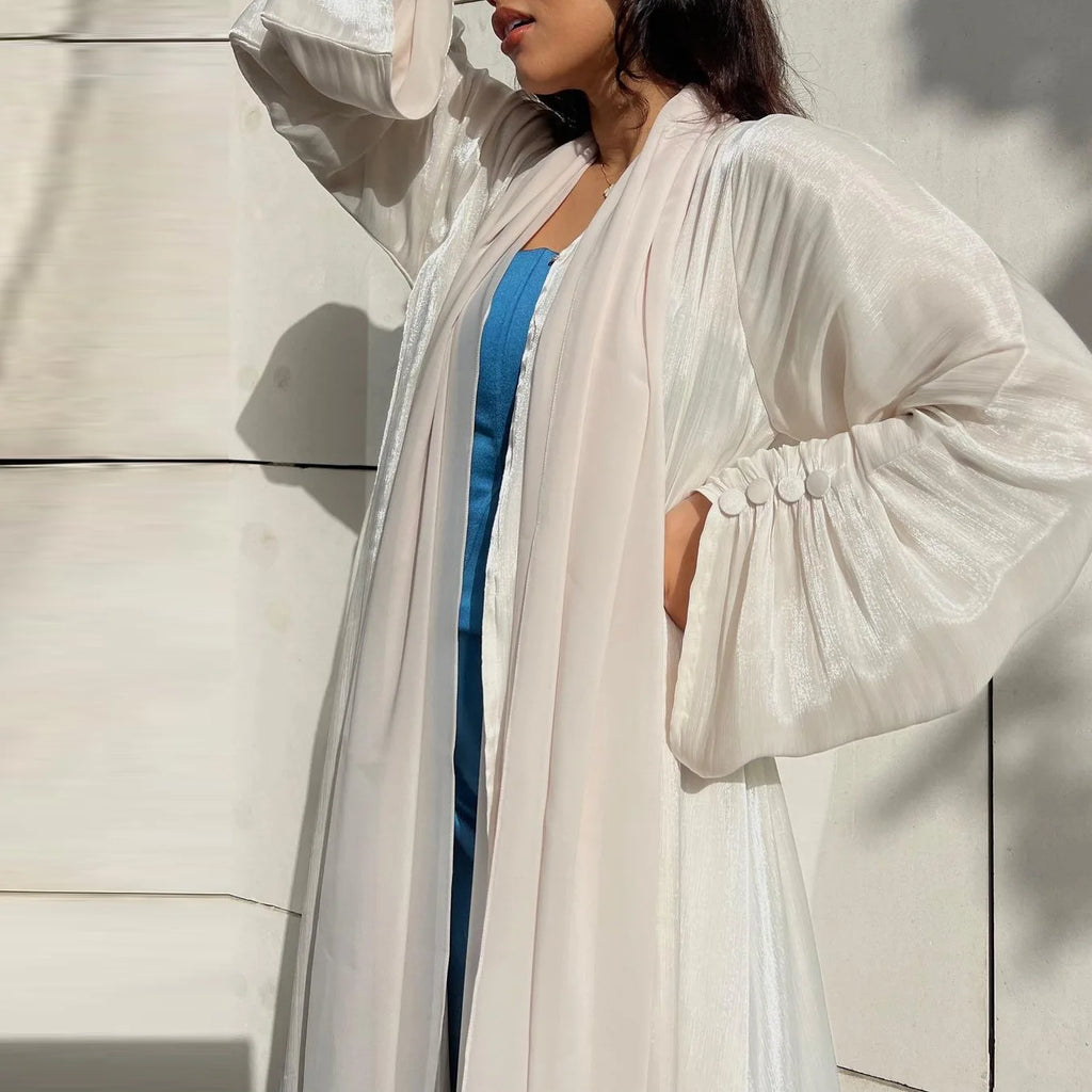 Eid Zijdeachtige Abaya's voor Vrouwen Moslim Jalabiya Ramadan Jurk met Knopen Mouwen Ramadan Kaftan Feestjurken Vestido Largo Cardigan