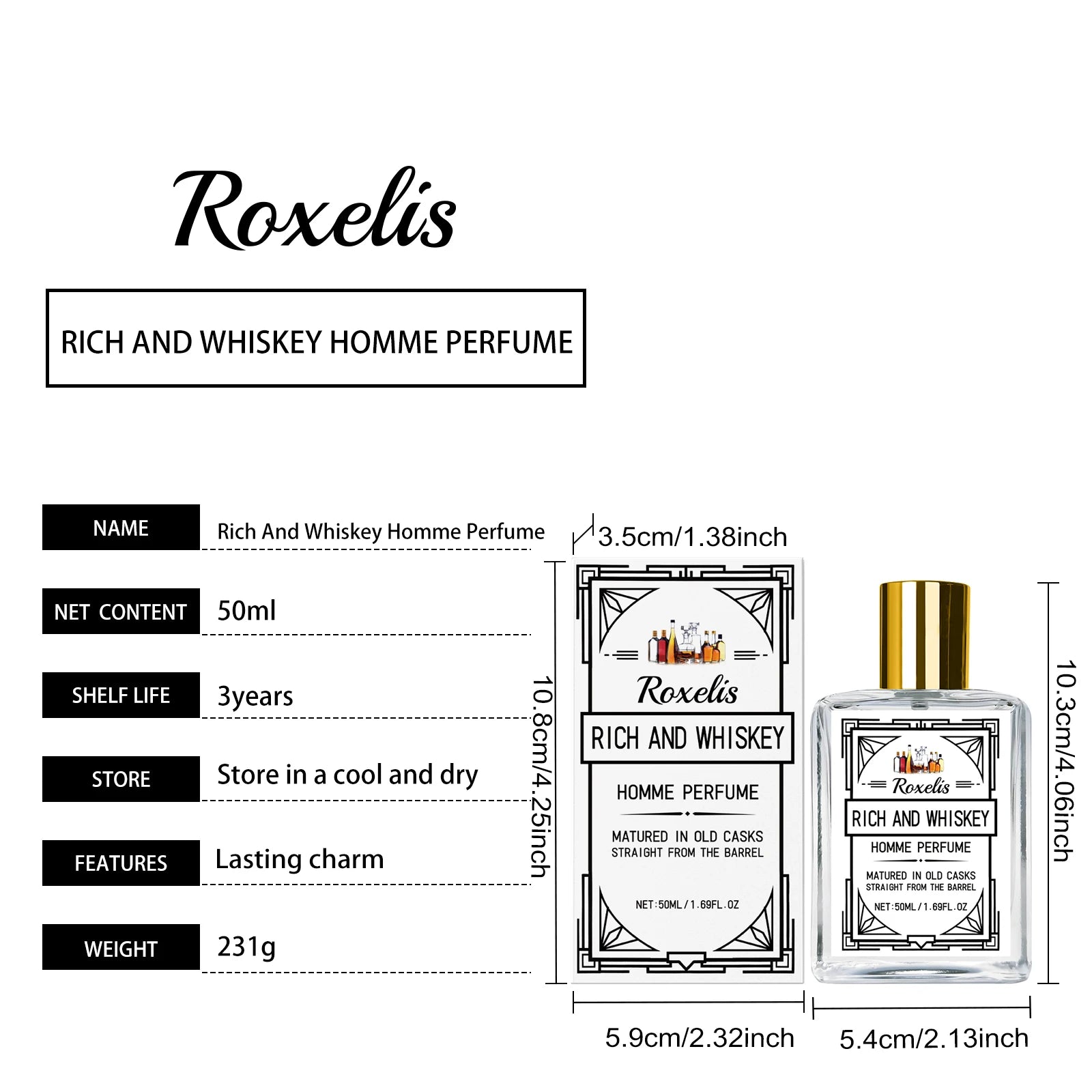 Profumo al Whisky Roxelis Trasuda Eleganza Fascino Duraturo Aumenta la Fiducia Fragranza Leggera Spray Profumato per Uomo 50ml