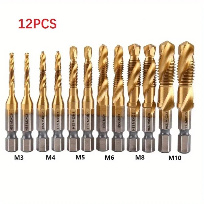 12 stuks titanium gecoate HSS-tapboorbitset met zeskantschacht voor precieze boor- en tapwerkzaamheden