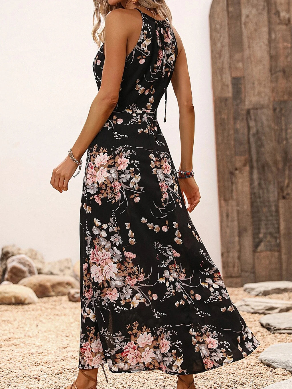 Bloemenprint Hoge Split Dij Halterjurk voor Dames - Zomer Mouwloos Sexy Nauwsluitende Strandfeest Clubkleding