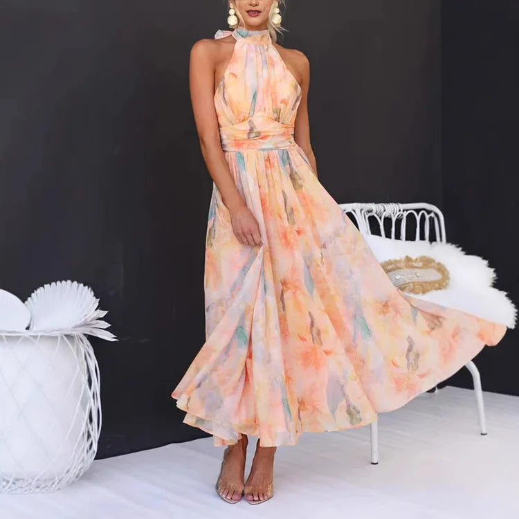 Abito lungo da donna senza schienale con spalline floreali e scollo all'americana in colore dopamina, stile temperamento, abito estivo da spiaggia di alta qualità per il mare