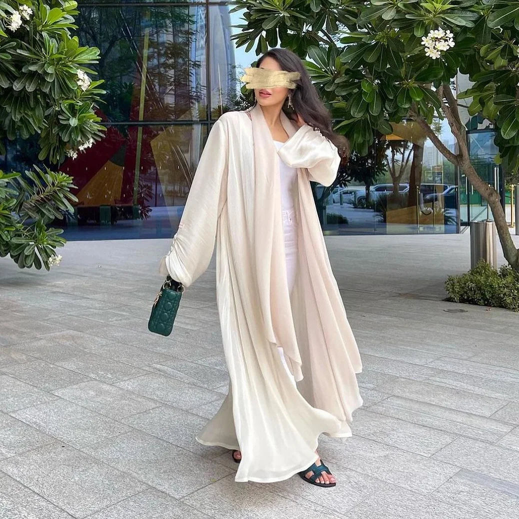 Eid Zijdeachtige Abaya's voor Vrouwen Moslim Jalabiya Ramadan Jurk met Knopen Mouwen Ramadan Kaftan Feestjurken Vestido Largo Cardigan