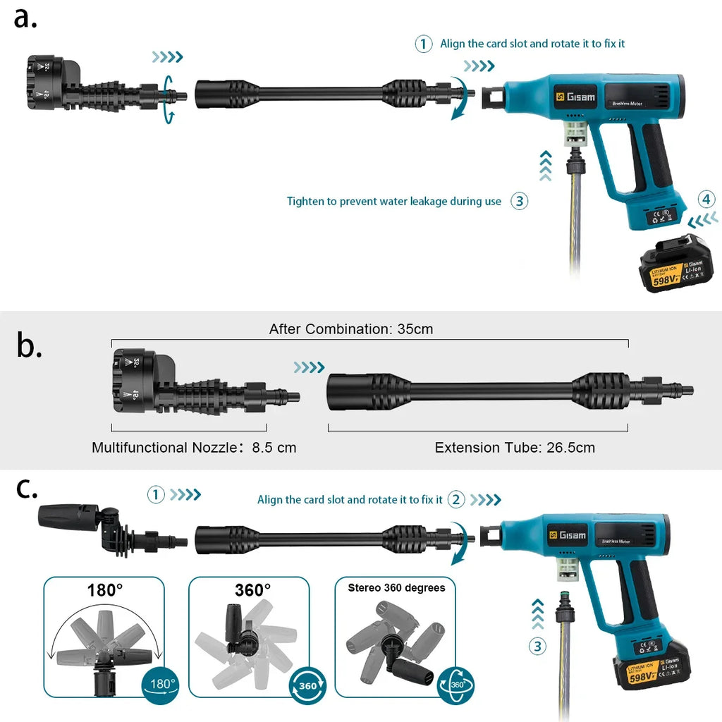 Gisam Pistola Idropulitrice Elettrica Brushless ad Alta Pressione 250 Bar, 4 Marcia, per Lavaggio Auto e Casa, compatibile con Batteria Makita 18V