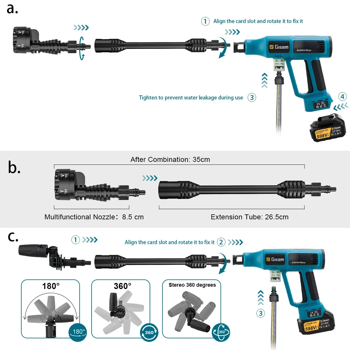 Gisam Pistola Idropulitrice Elettrica Brushless ad Alta Pressione 250 Bar, 4 Marcia, per Lavaggio Auto e Casa, compatibile con Batteria Makita 18V