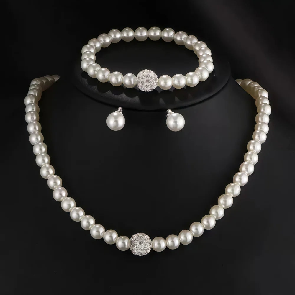 Set di gioielli da 3 pezzi con collana, bracciale e orecchini a perno con finta perla, Fireball, colore argento, con pietra di cristallo, elegante idea regalo per la sposa