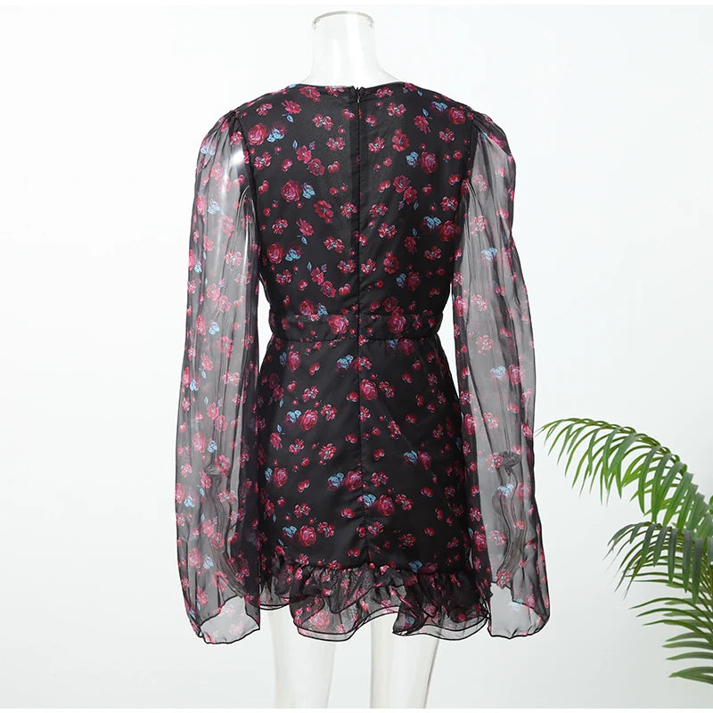 Flora Painted Ruffle Mini Dress Abito elegante da donna a maniche lunghe con scollo a V profondo Abiti sottili a trapezio 2026 Abbigliamento da strada per le vacanze da donna Nuovo