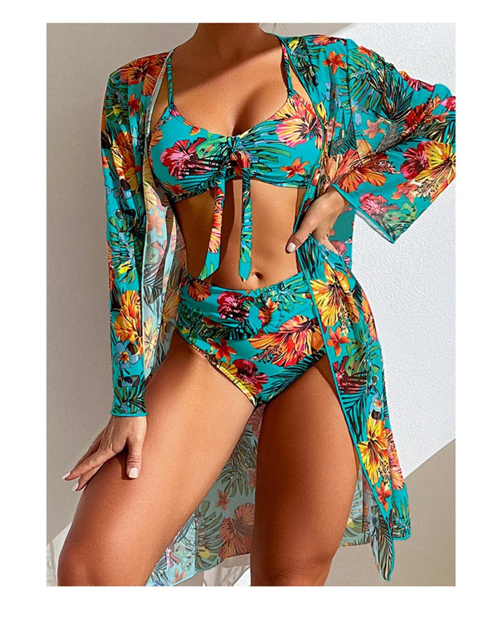 Costume da bagno bikini sexy a vita alta a 3 pezzi con stampa floreale taglia 3XL-S da donna con camicetta a maniche lunghe in rete Super Saldi