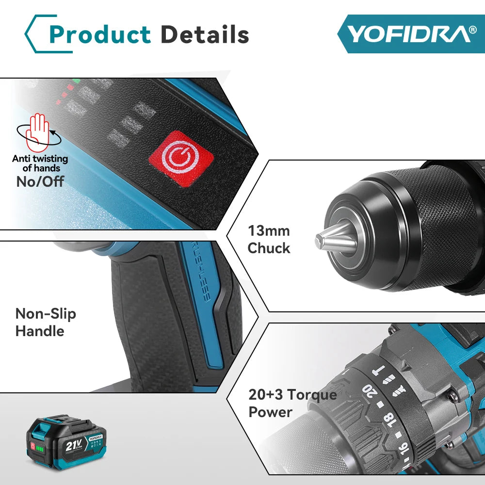 YOFIDRA 900 N.M Trapano Avvitatore a Percussione Elettrico Brushless da 13mm Senza Fili Strumento Elettrico per Legno per Batteria Makita 21V