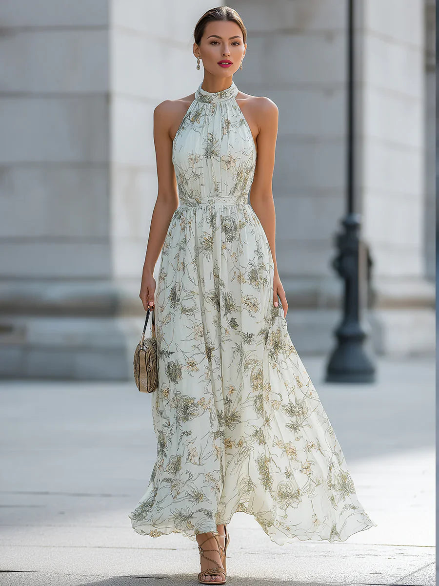 Dames Halternek Bloemenprint Maxi Jurk Hoge Taille Flowy A-lijn Lange Jurk Voor Zomer Strandfeest Bruiloftsgast