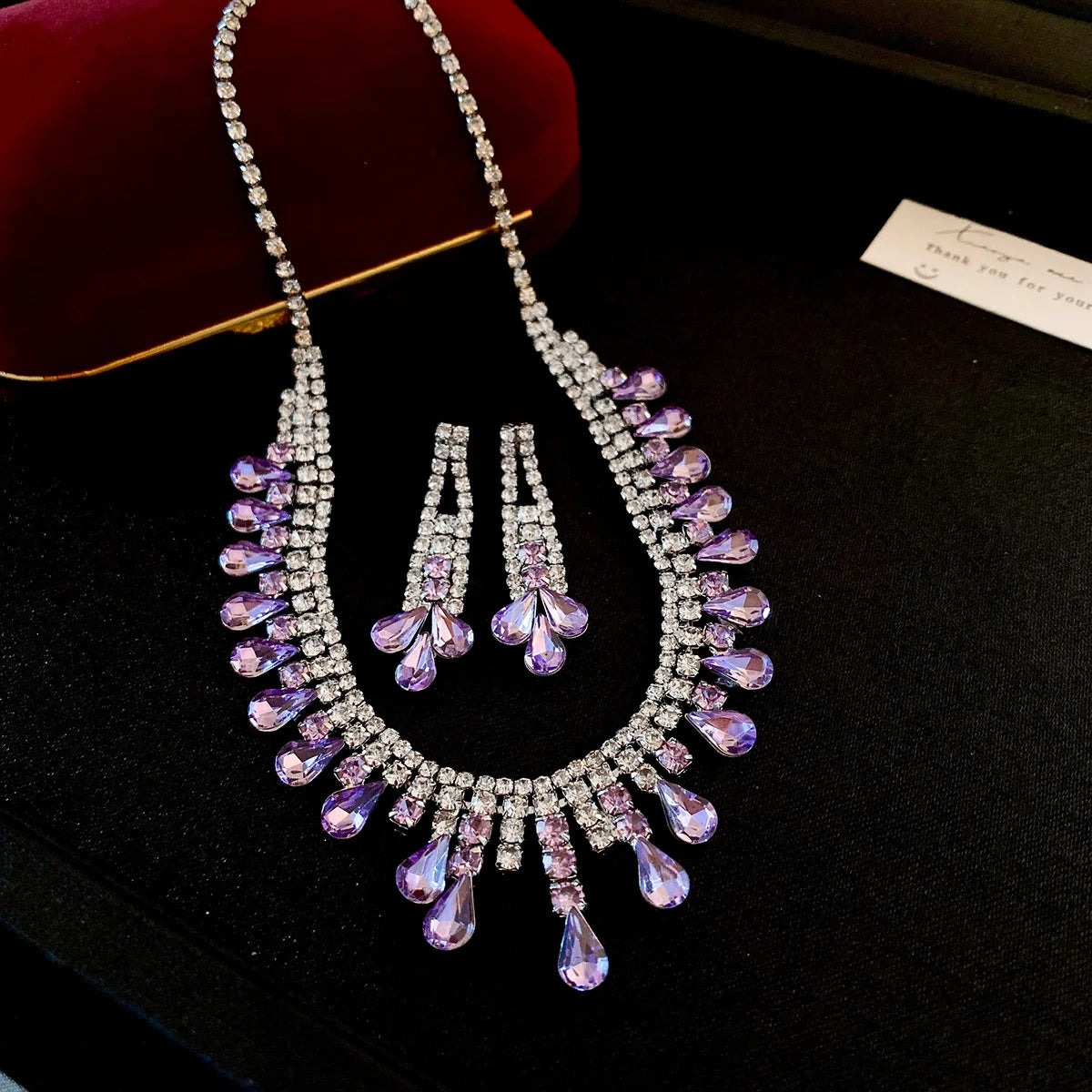 Ingelegde Rode Strass Ketting Oorbellenset Voor Vrouwen Licht Luxe Waterdruppel Choker Ketting Bruids Feest Juwelensets