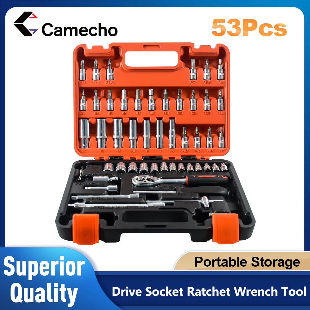 Camecho 53 stuks/set 1/4-inch autoreparatieset dopsleutelset autoreparatiegereedschap ratelmoment sleutelcombinatieautoreparatieset
