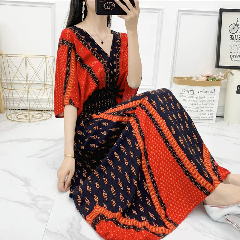 Long Women's Dress Boho Ethnic Bohemian Beach Cotton Blend Artificial Floral Short Sleeve V-neck Vintage Vacation Vestidos Robe