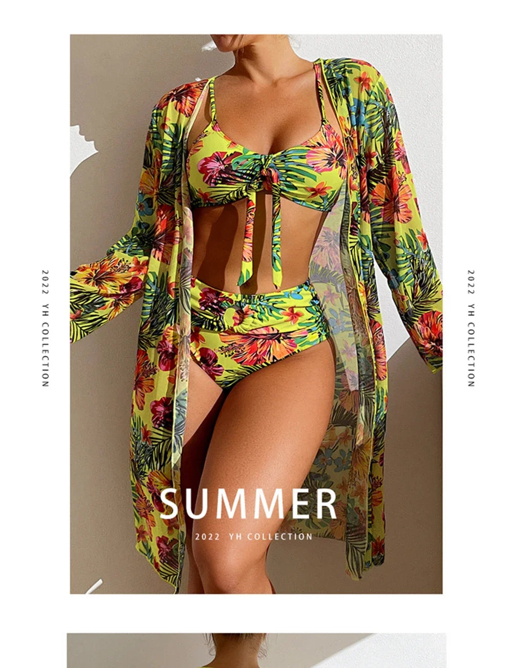 Costume da bagno bikini sexy a vita alta a 3 pezzi con stampa floreale taglia 3XL-S da donna con camicetta a maniche lunghe in rete Super Saldi