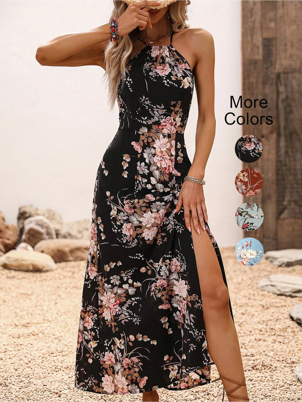 Bloemenprint Hoge Split Dij Halterjurk voor Dames - Zomer Mouwloos Sexy Nauwsluitende Strandfeest Clubkleding