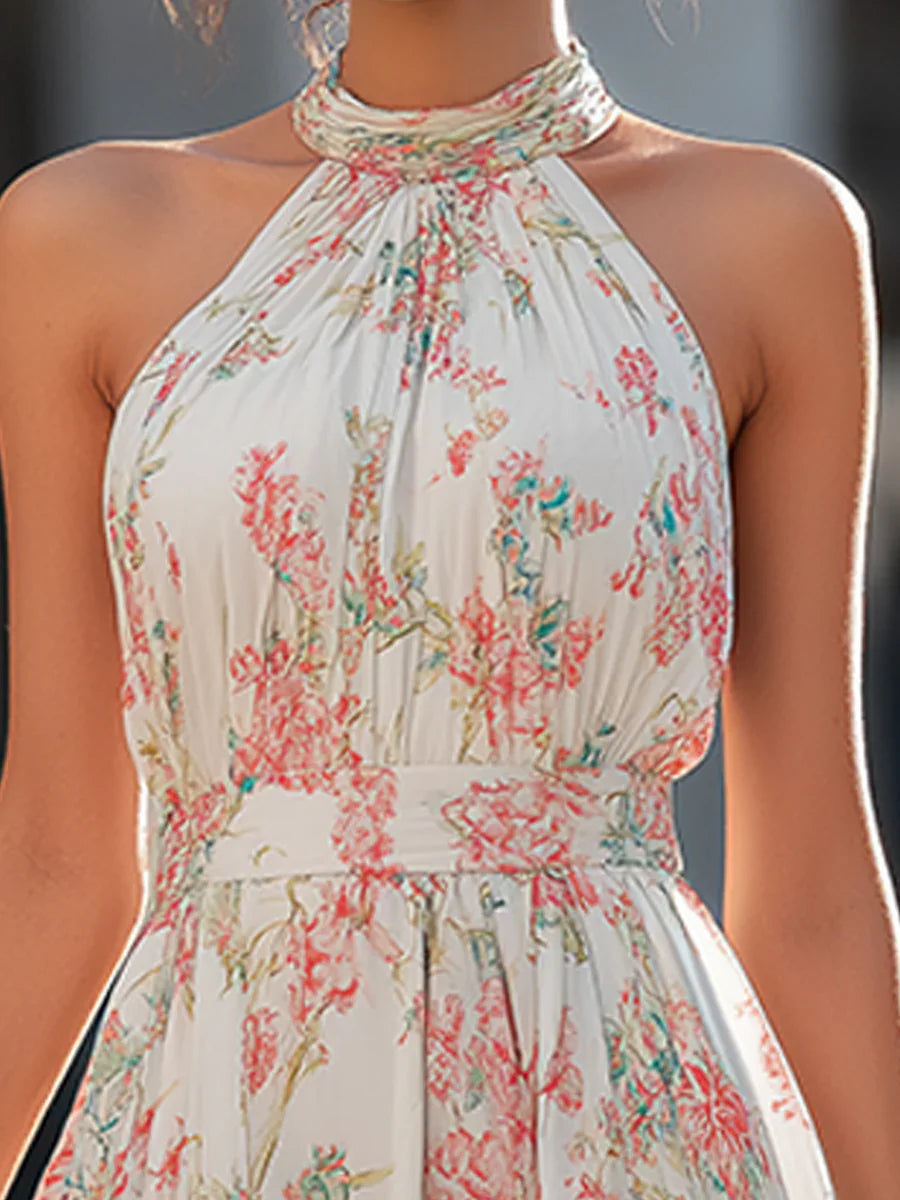 Dames Halternek Bloemenprint Maxi Jurk Hoge Taille Flowy A-lijn Lange Jurk Voor Zomer Strandfeest Bruiloftsgast