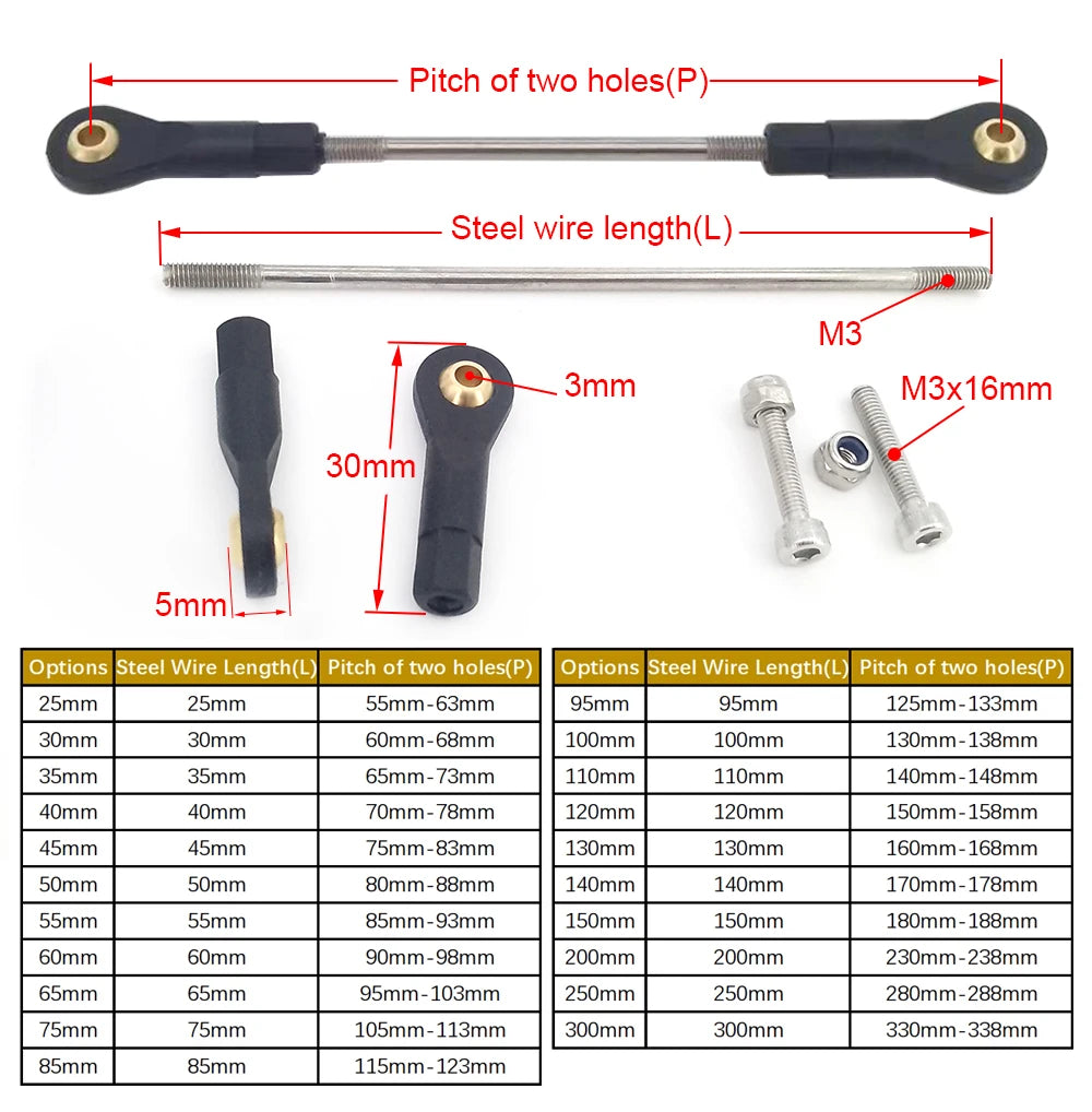 1PC M3 Push Rod Adjustable Tie Rods Ball Head Joint Stainless Steel Servo Linkage for RC Boat Airplane Car