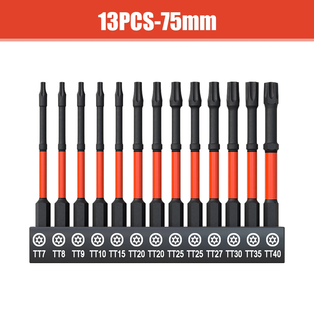 13-delige slagvaste Torx-kop inbussleutel boorbitset, T7-T40 inbussleutelbits S2-staal zeskantschroevendraaierbits met magnetische kop
