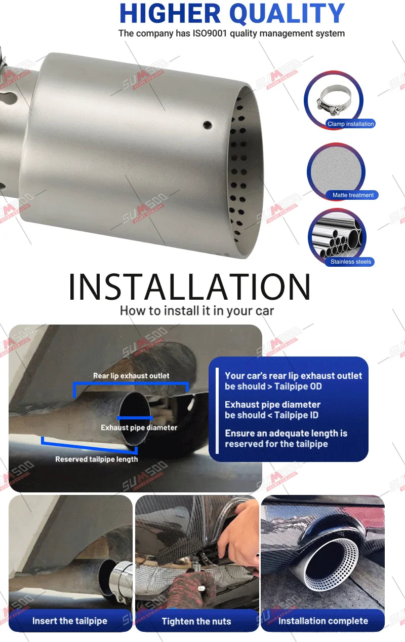 Genuine SUMSOO 1 PCS Matte 304 Stainless Steel Car Muffler Tip Exhaust Tip System Pipe Universal Exhaust Tip