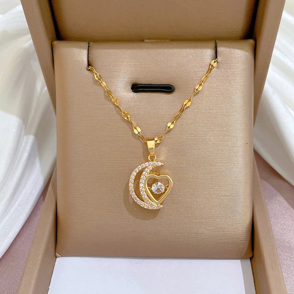 ZAKOL Collana Classica Color Oro in Acciaio Inossidabile da Donna Collane con Pendente a Cuore Geometrico in Zircone Brillante Gioielli Regalo