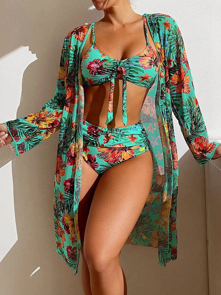 Costume da bagno bikini sexy a vita alta a 3 pezzi con stampa floreale taglia 3XL-S da donna con camicetta a maniche lunghe in rete Super Saldi