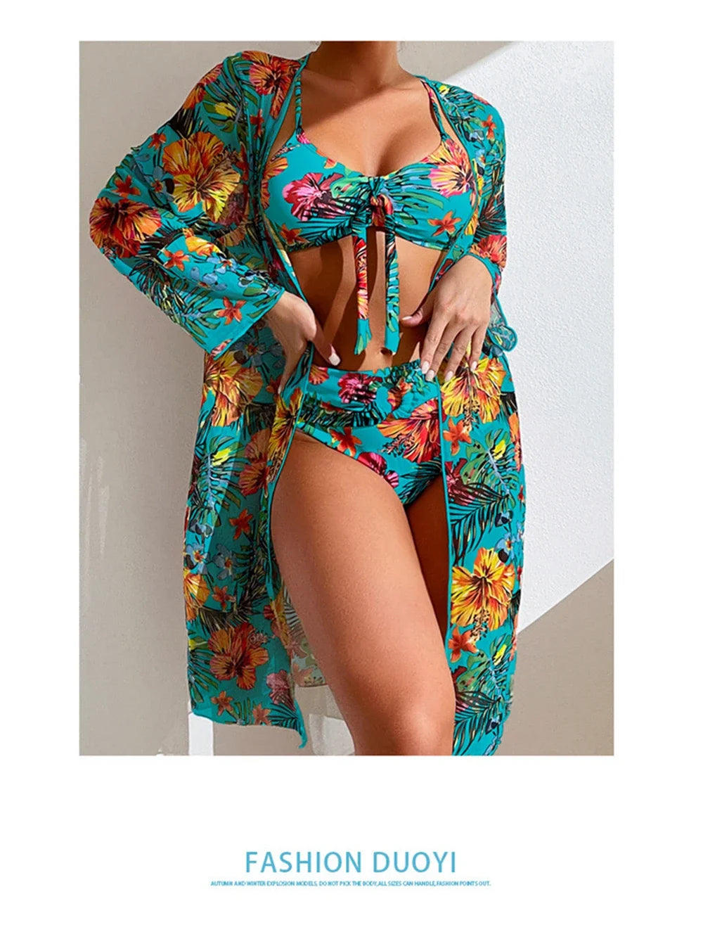 Costume da bagno bikini sexy a vita alta a 3 pezzi con stampa floreale taglia 3XL-S da donna con camicetta a maniche lunghe in rete Super Saldi